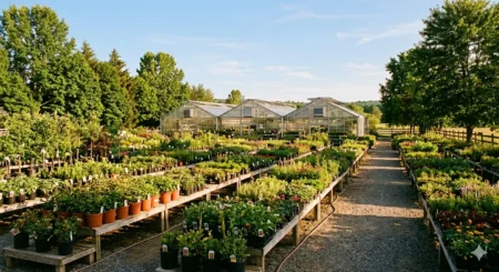Outdoor garden center with greenhouses and rows of plants in north Idaho