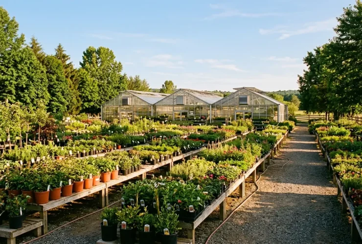 Outdoor garden center with greenhouses and rows of plants in north Idaho