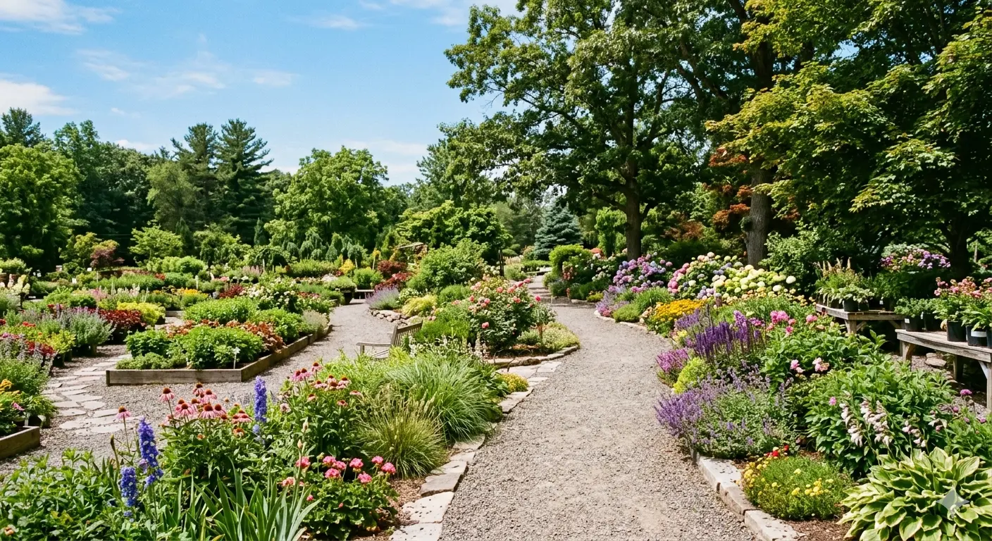 Park-like nursery grounds with curated plant displays and pathways