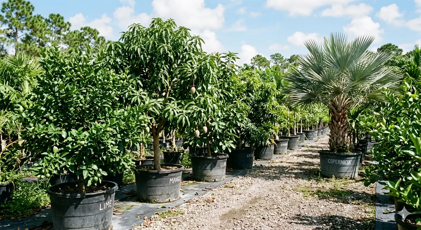 Tropical fruit trees in containers including citrus and rare palms