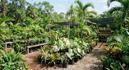 Lush tropical plants and palms at a small Miami plant nursery