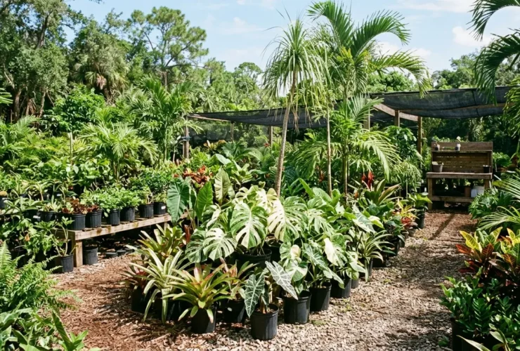 Lush tropical plants and palms at a small Miami plant nursery