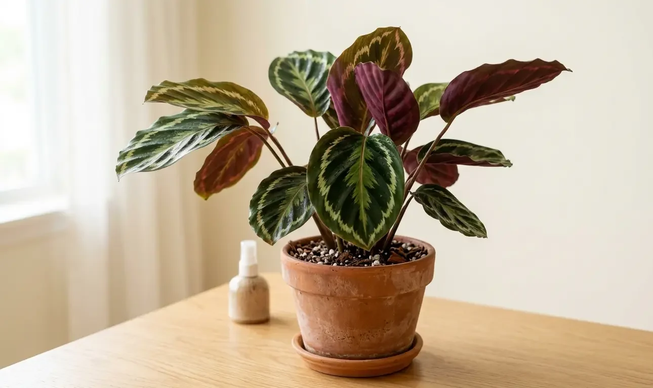 A Calathea with patterned leaves, non-toxic to pets