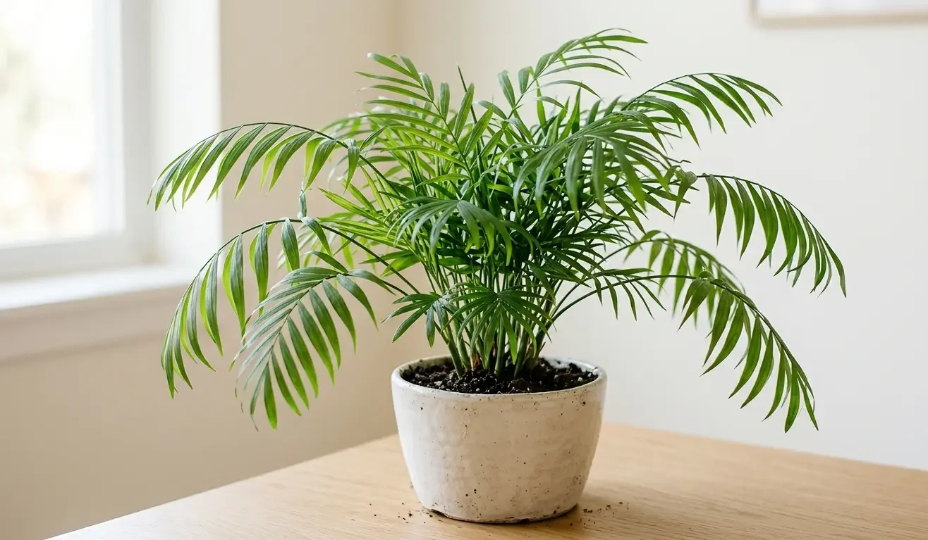 A parlor palm in a pot, non-toxic to cats and dogs