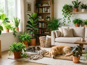 A cat and dog beside several pet-safe houseplants in a bright room