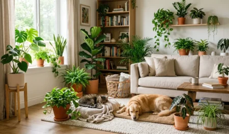 A cat and dog beside several pet-safe houseplants in a bright room