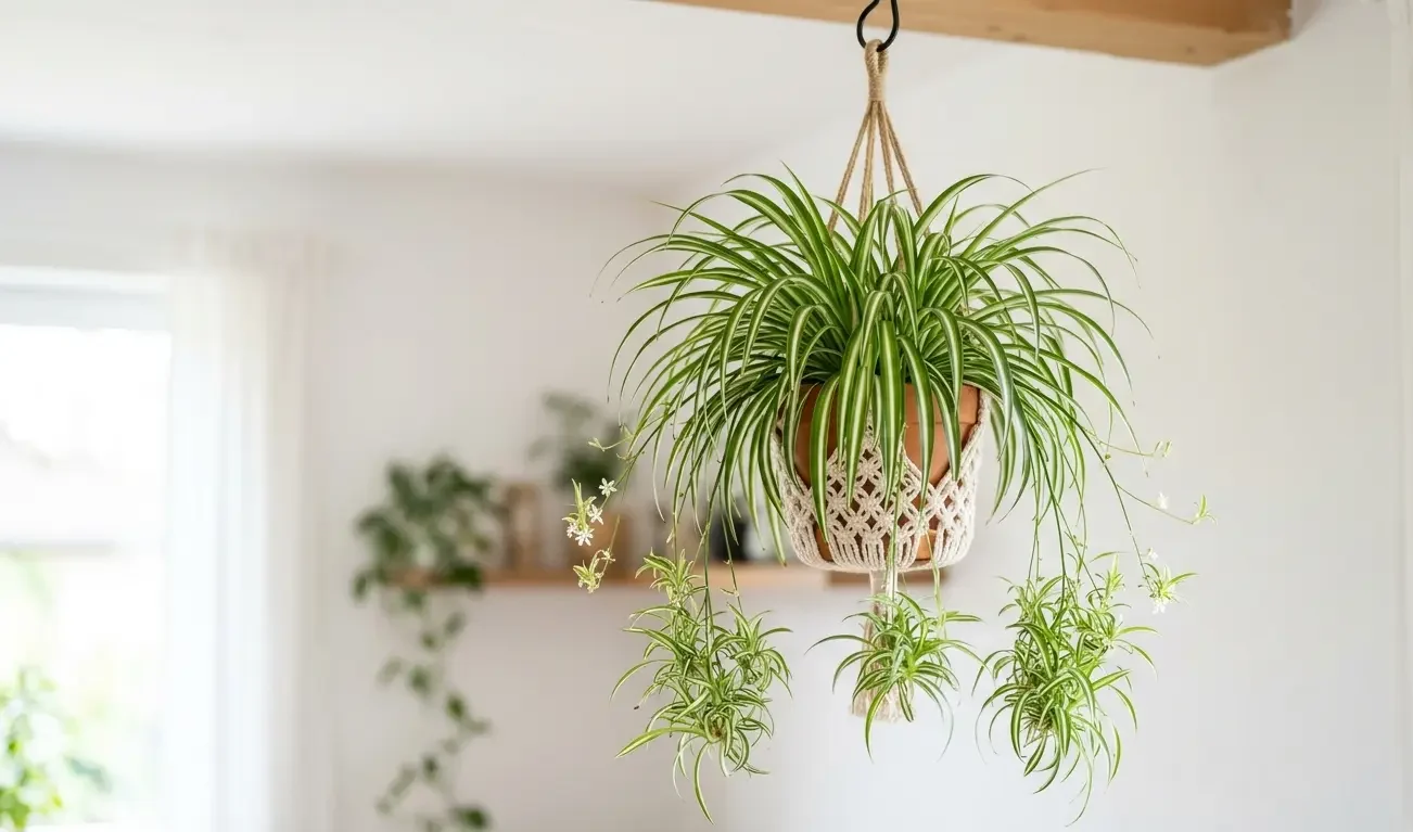 A spider plant in a hanging basket, safe for cats and dogs