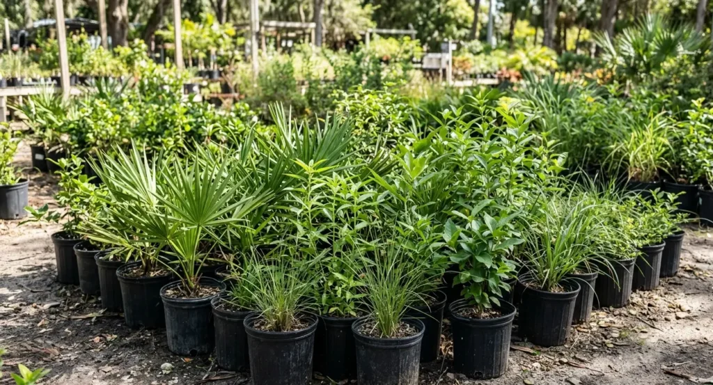 Florida native plant selection in nursery pots outdoors