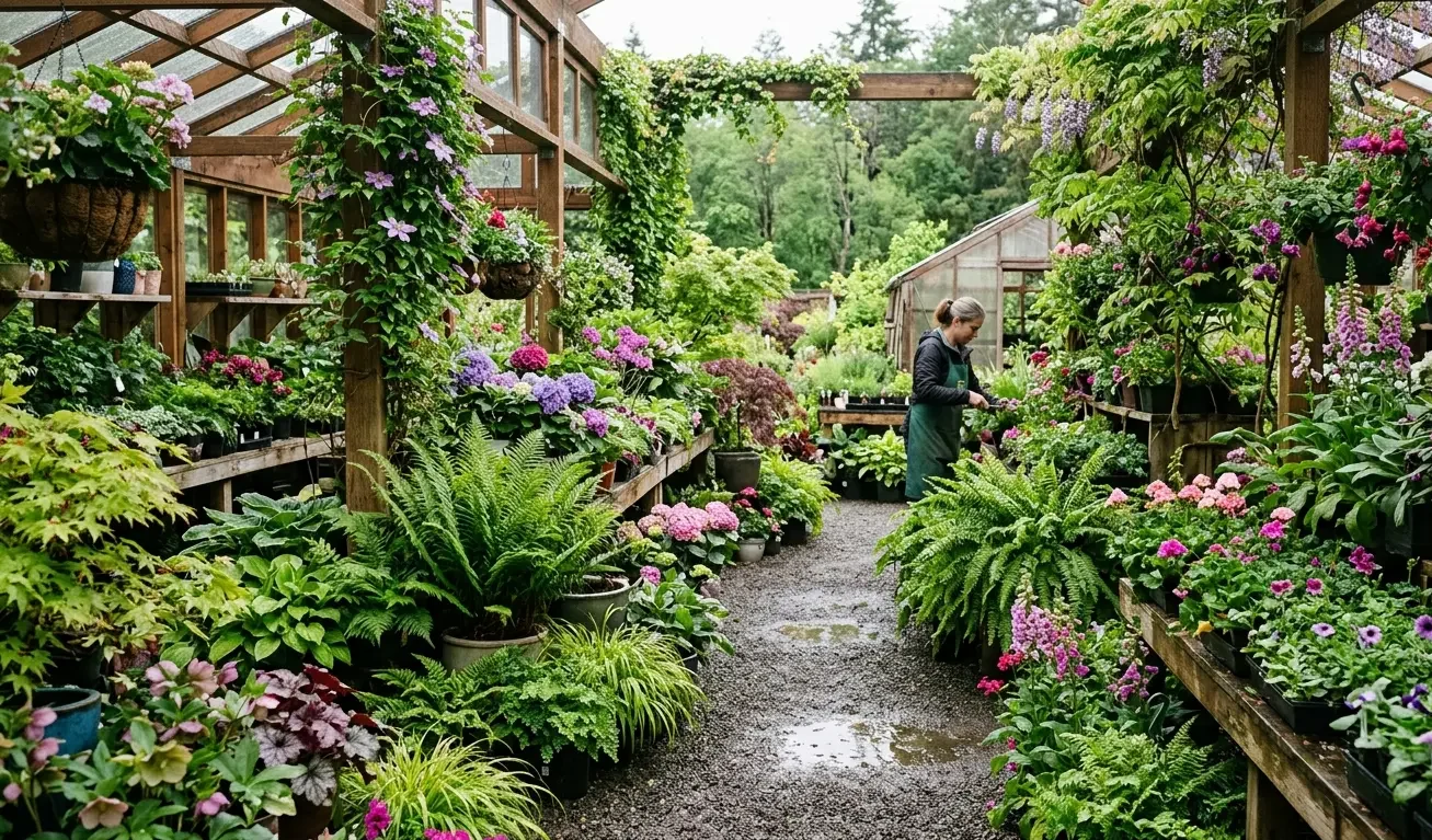 A lush green plant nursery full of plants in Portland, Oregon