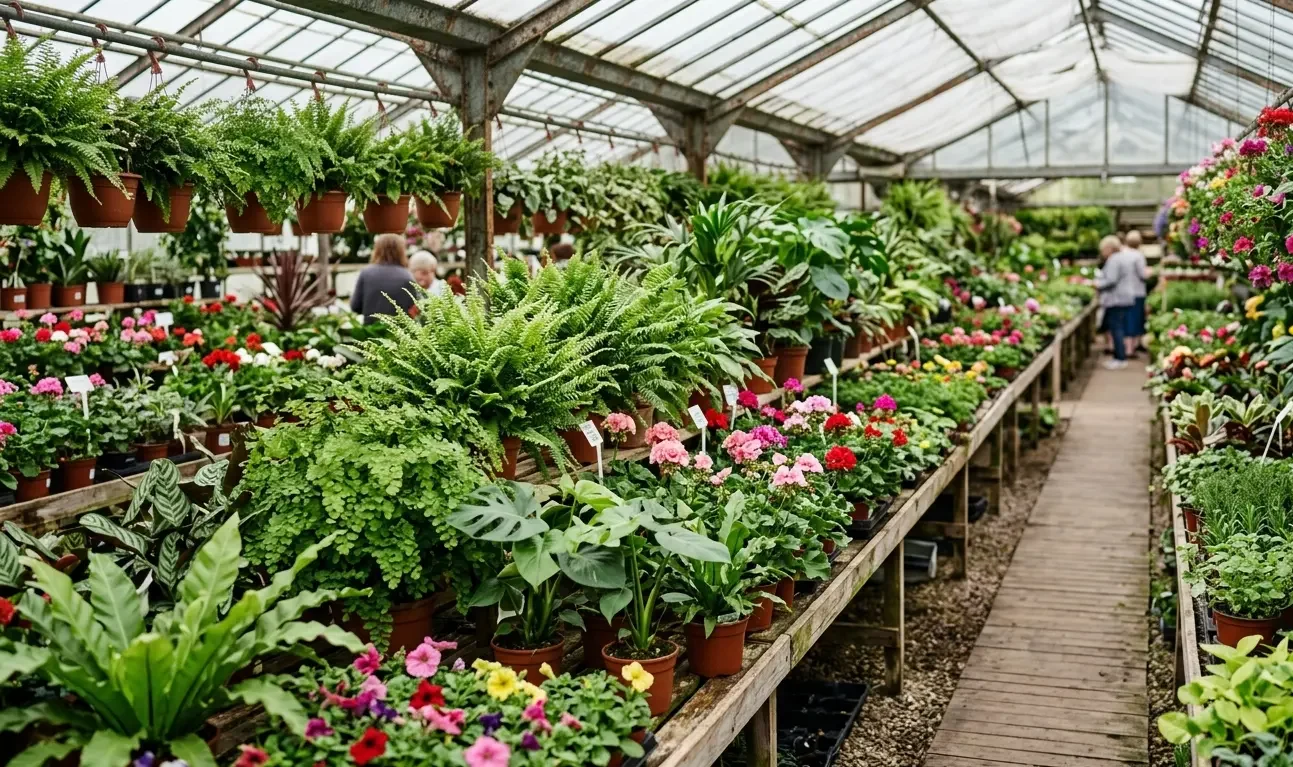 Rows of healthy potted plants at a Portland garden center