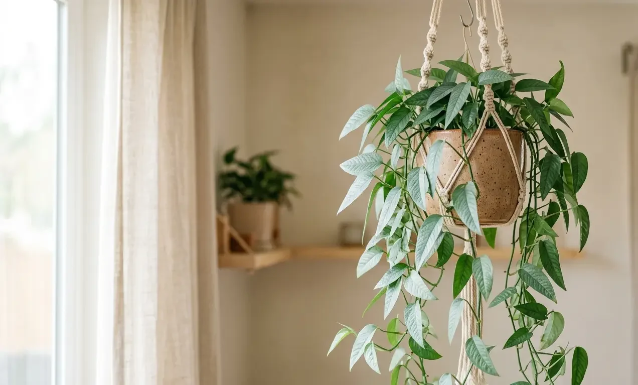 Cebu Blue pothos with silvery elongated leaves trailing from a pot