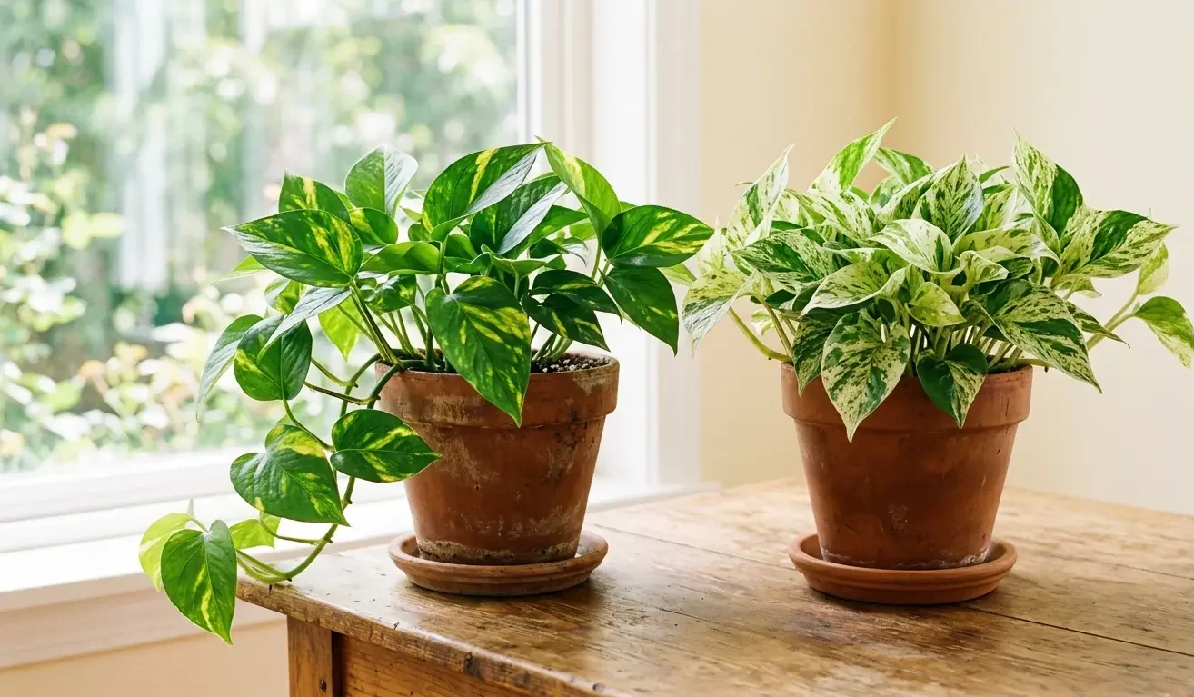 Golden pothos and Marble Queen pothos side by side
