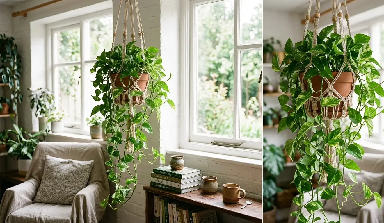Pothos in a hanging basket with long trailing vines