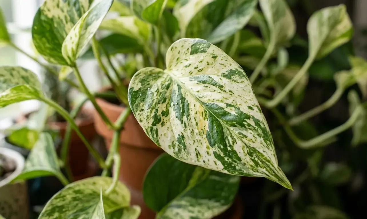 Close up of variegated pothos leaves with white and cream markings