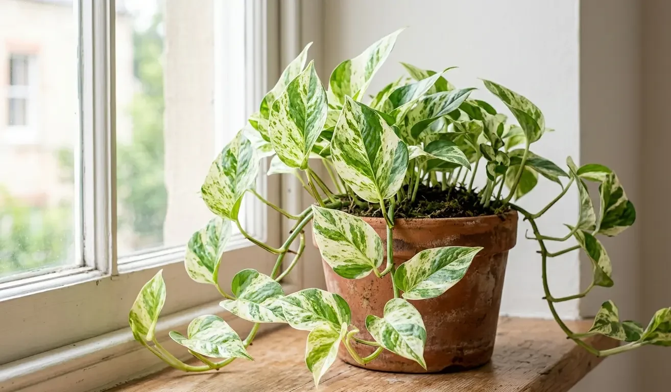 A variegated pothos in bright indirect light keeping its white variegation