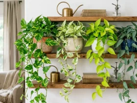 Collection of different pothos varieties trailing from a shelf