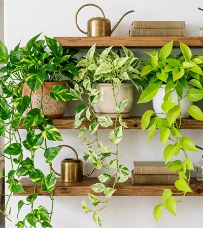 Collection of different pothos varieties trailing from a shelf