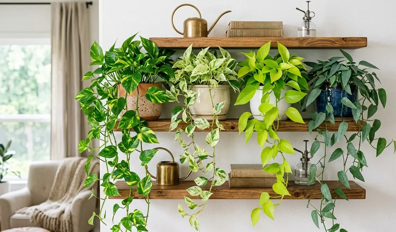 Collection of different pothos varieties trailing from a shelf