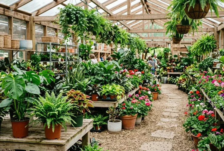A bright garden center full of plants in Raleigh, North Carolina