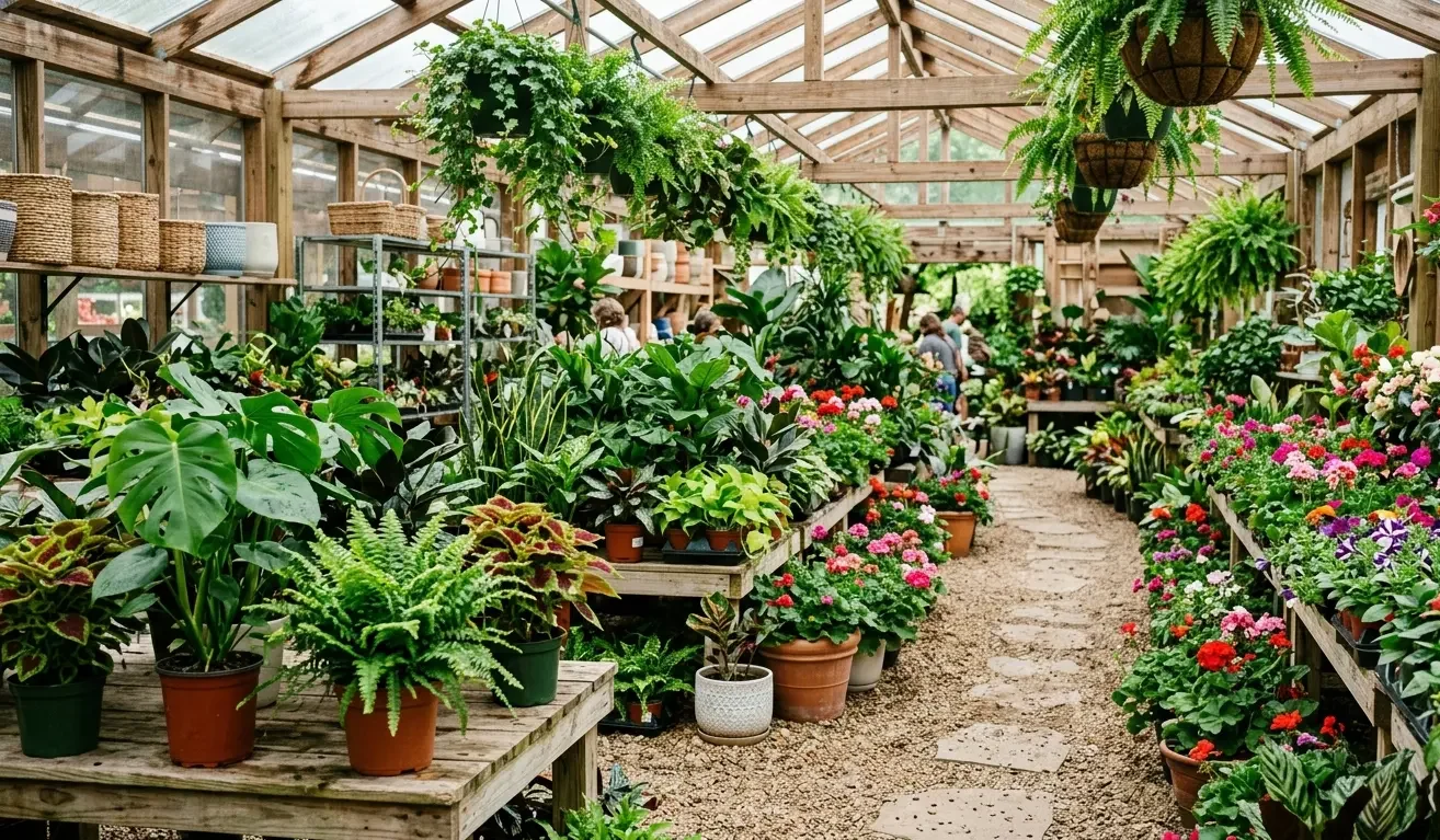 A bright garden center full of plants in Raleigh, North Carolina