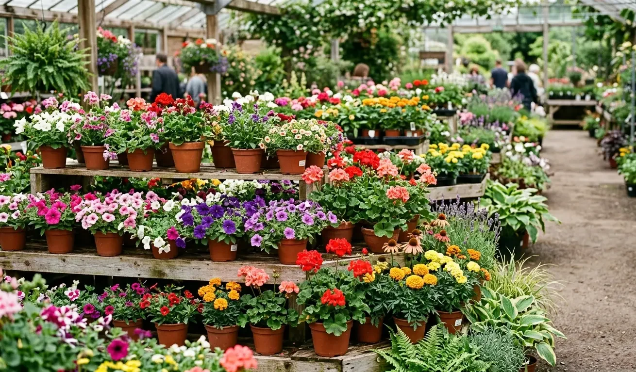 Colorful potted flowers on display at a Raleigh garden center