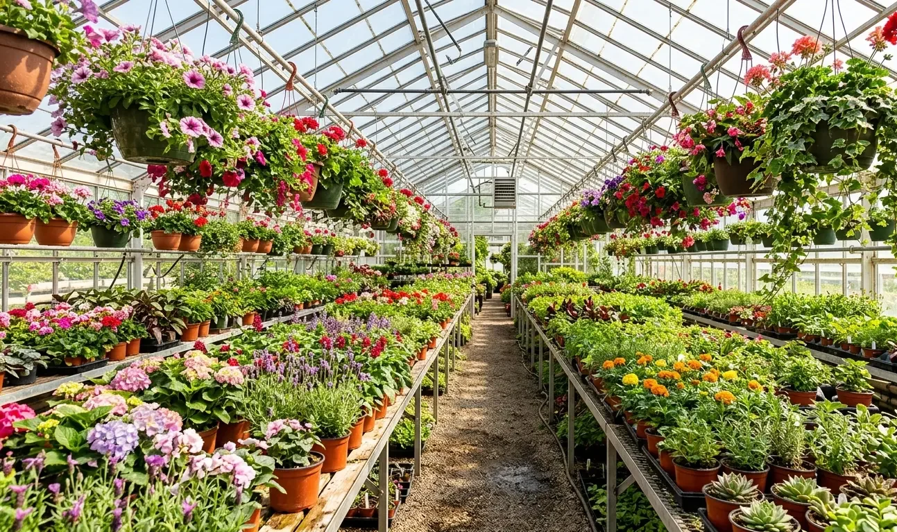 Interior of a greenhouse filled with houseplants and flowers