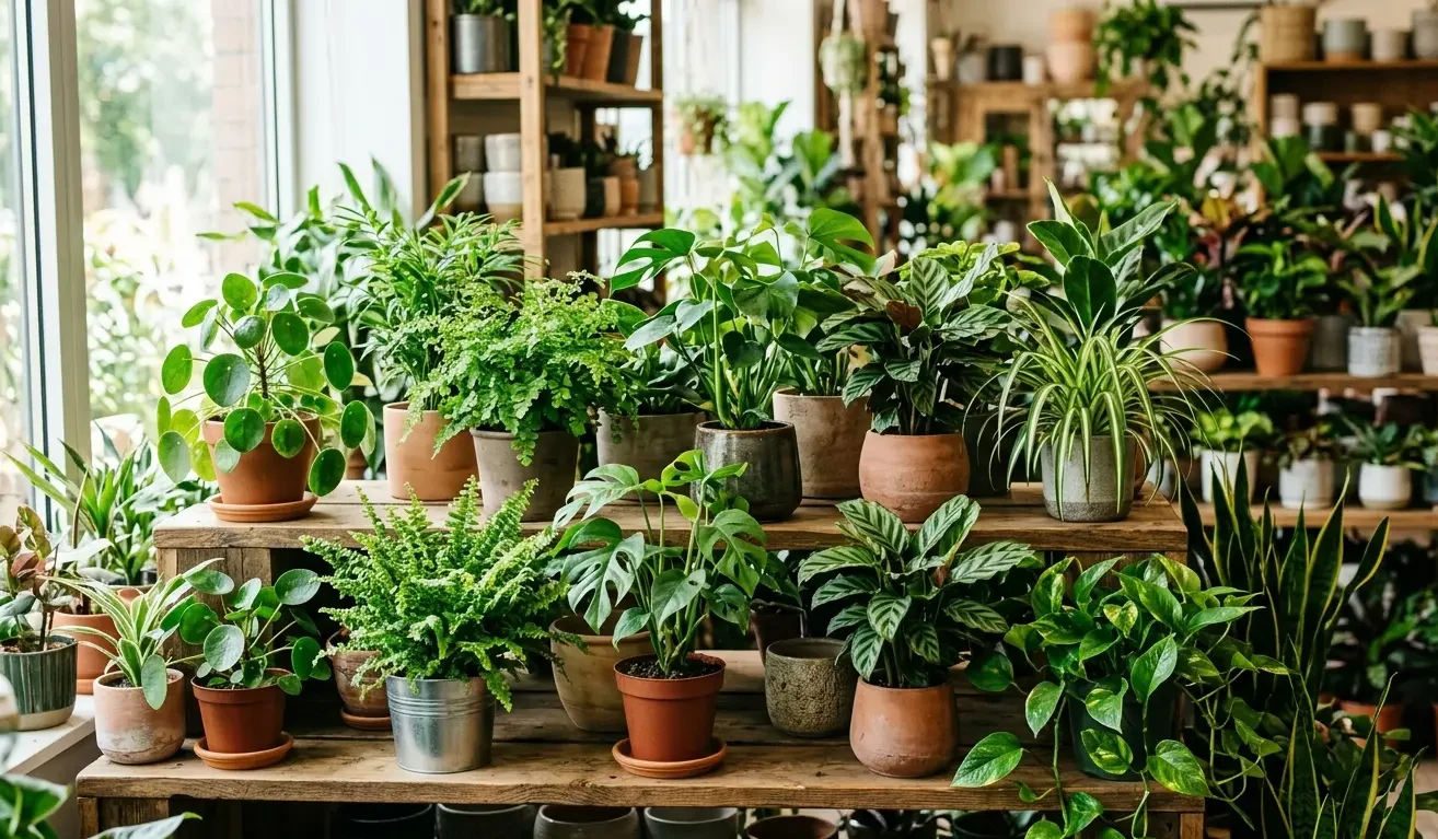Indoor houseplants on display at a Raleigh plant shop