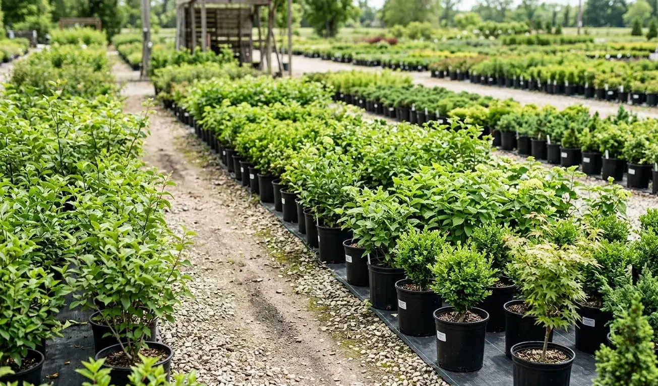 Rows of shrubs and young trees at a Raleigh garden center