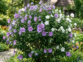 Rose of Sharon shrub Hibiscus syriacus with purple and white flowers in bloom
