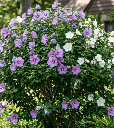 Rose of Sharon shrub Hibiscus syriacus with purple and white flowers in bloom