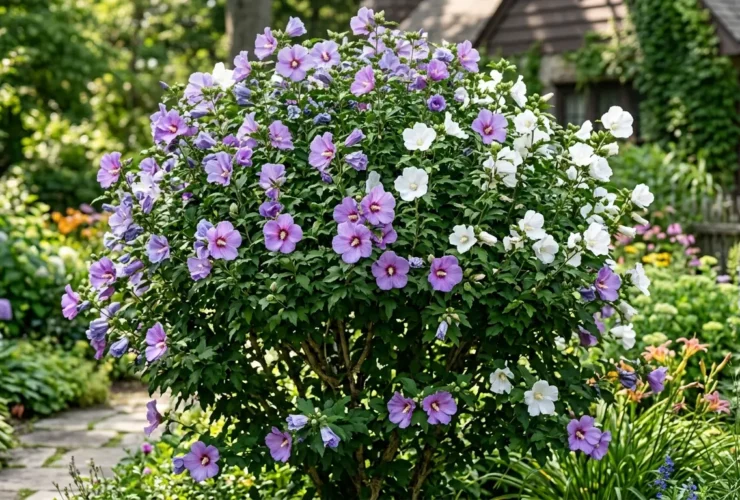 Rose of Sharon shrub Hibiscus syriacus with purple and white flowers in bloom