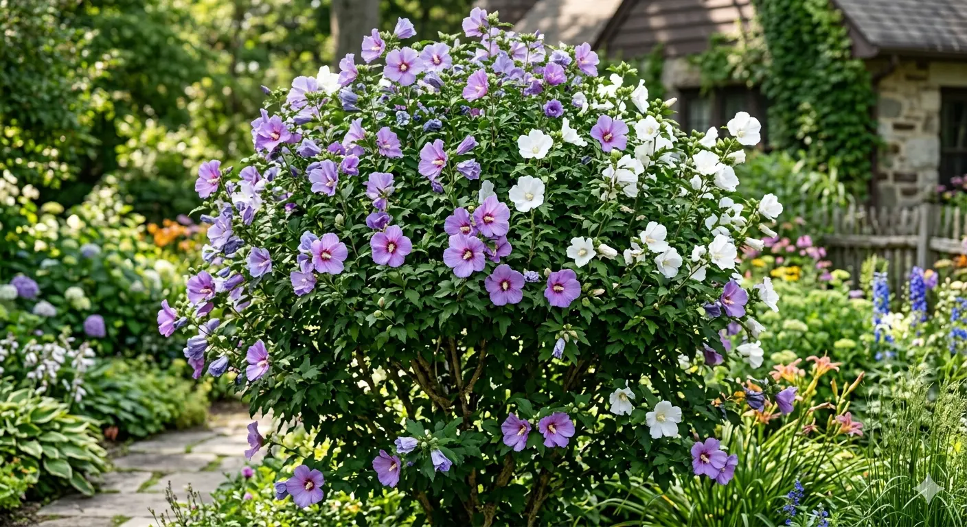 Rose of Sharon shrub Hibiscus syriacus with purple and white flowers in bloom