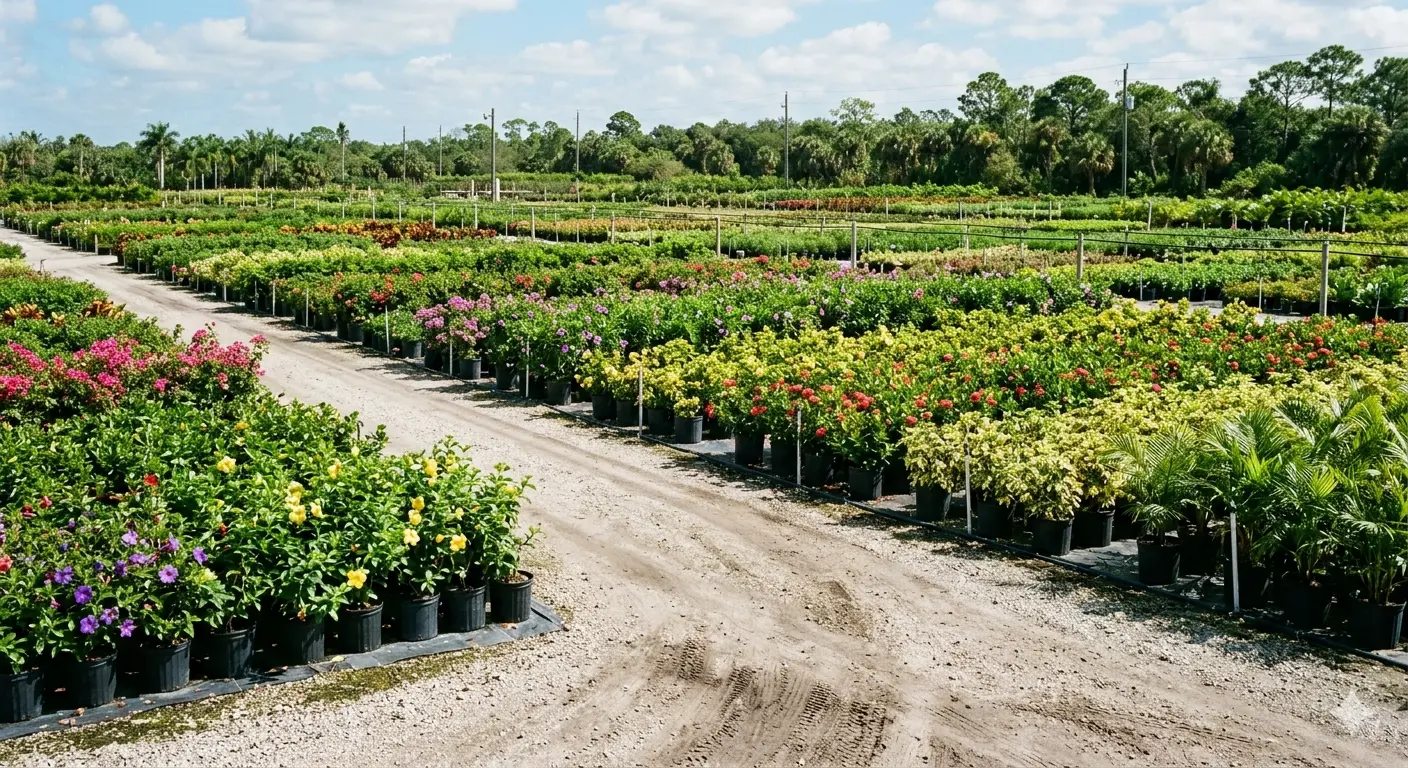 South Florida wholesale plant nursery with rows of flowering shrubs
