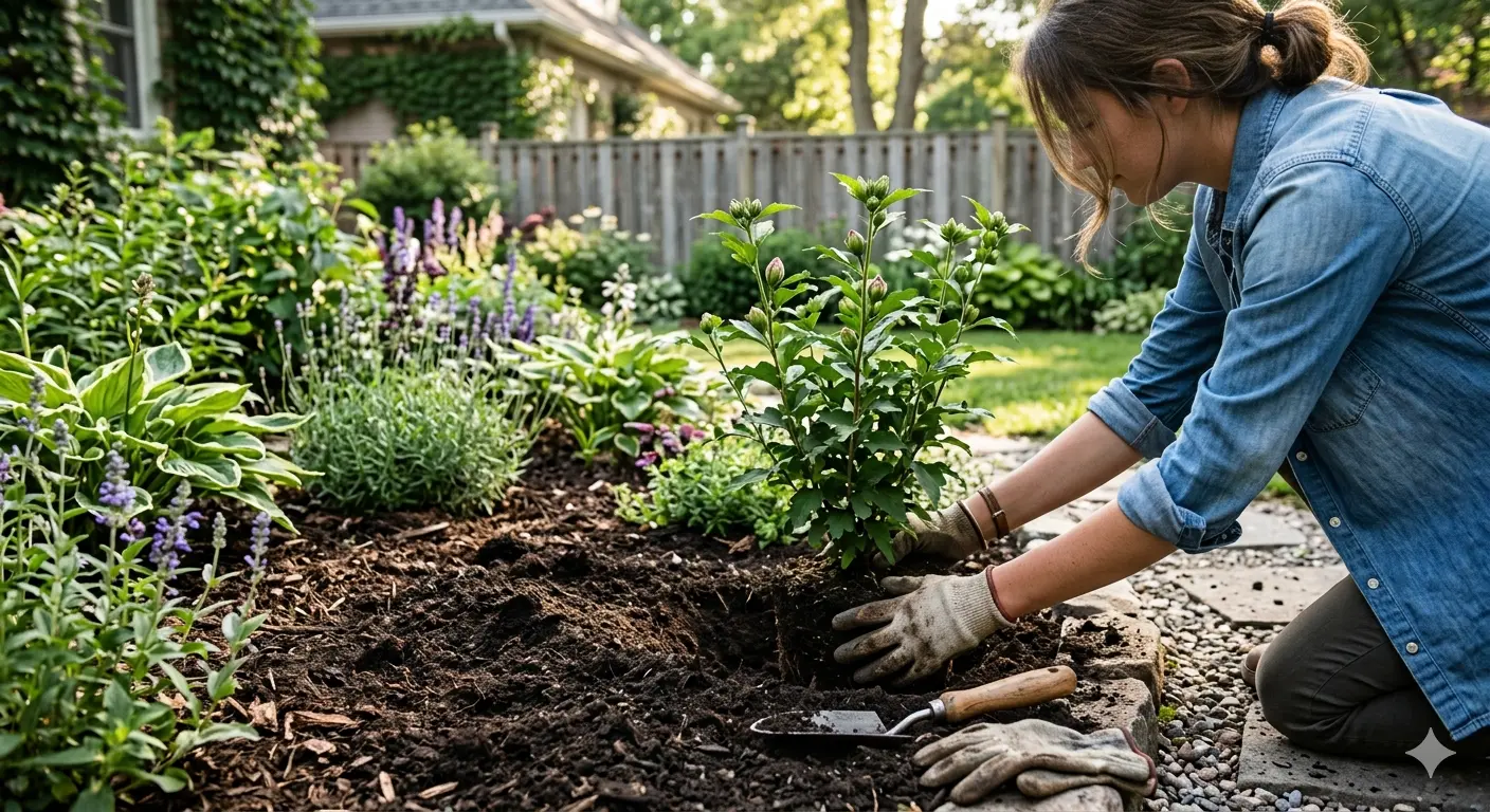 Young Rose of Sharon shrub being planted in a residential garden