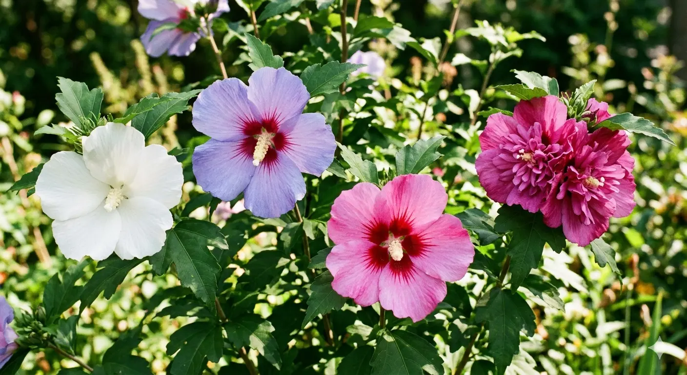 Various Rose of Sharon cultivars showing different flower colors purple white blue pink