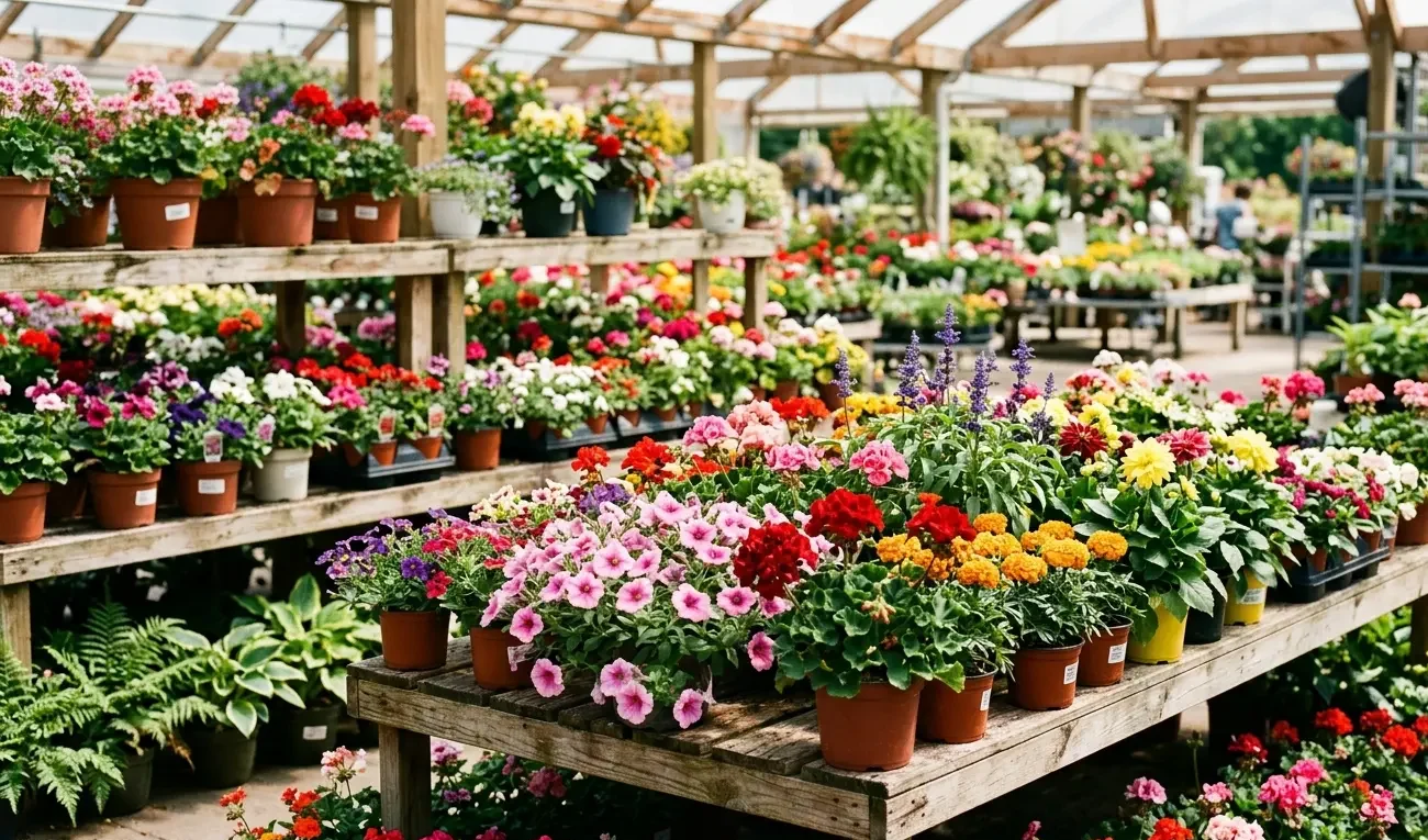 Colorful potted flowers on display at a Sacramento garden center