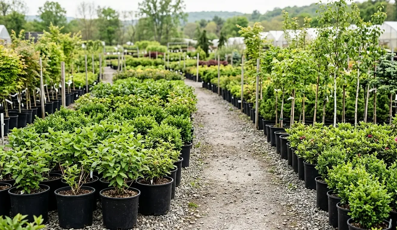 Rows of shrubs and trees at a Sacramento garden center