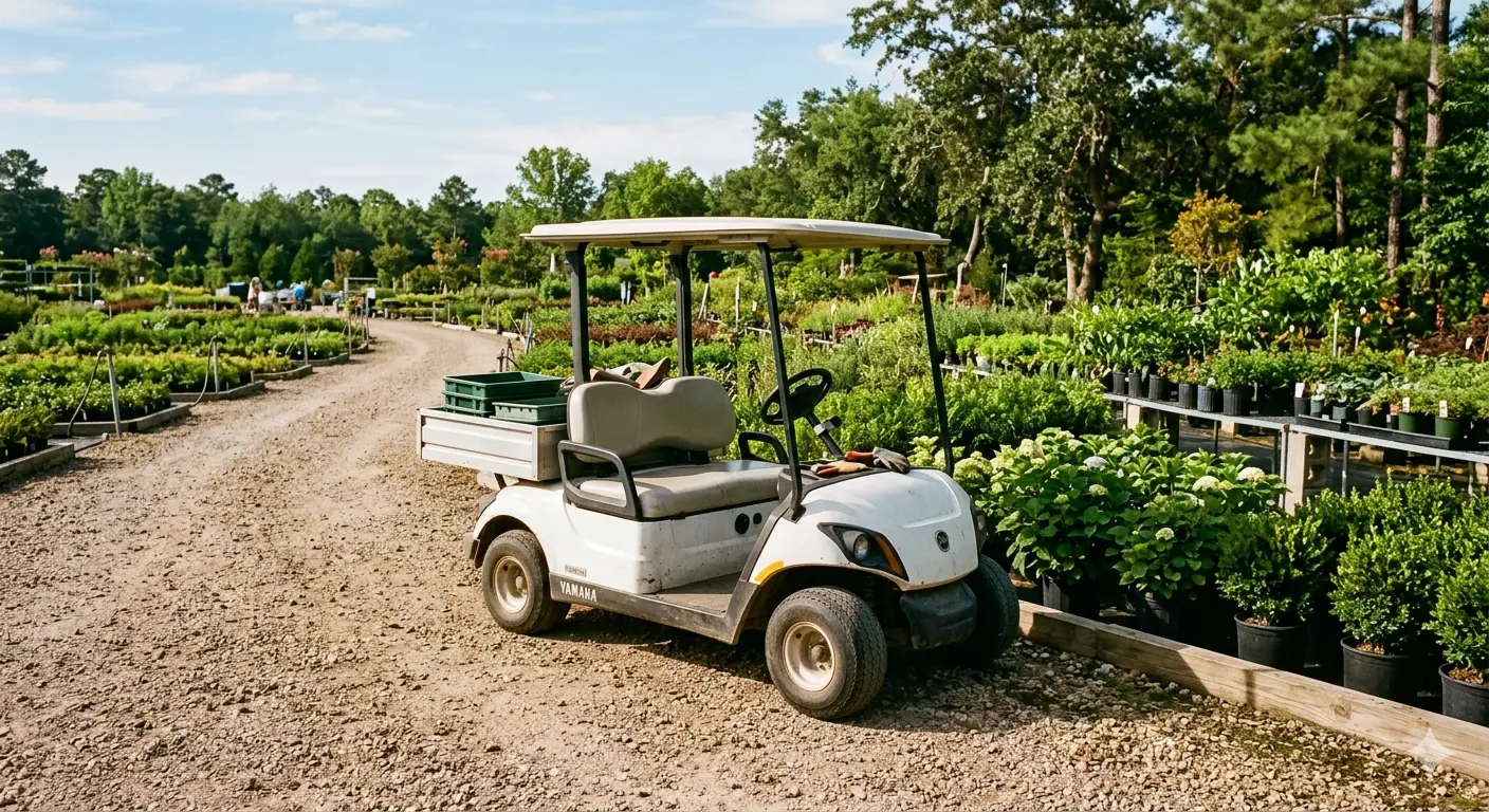 Golf cart parked at a plant nursery for customers touring the property