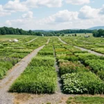 Vast rows of perennials at a large outdoor plant nursery in Virginia