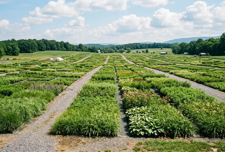 Vast rows of perennials at a large outdoor plant nursery in Virginia