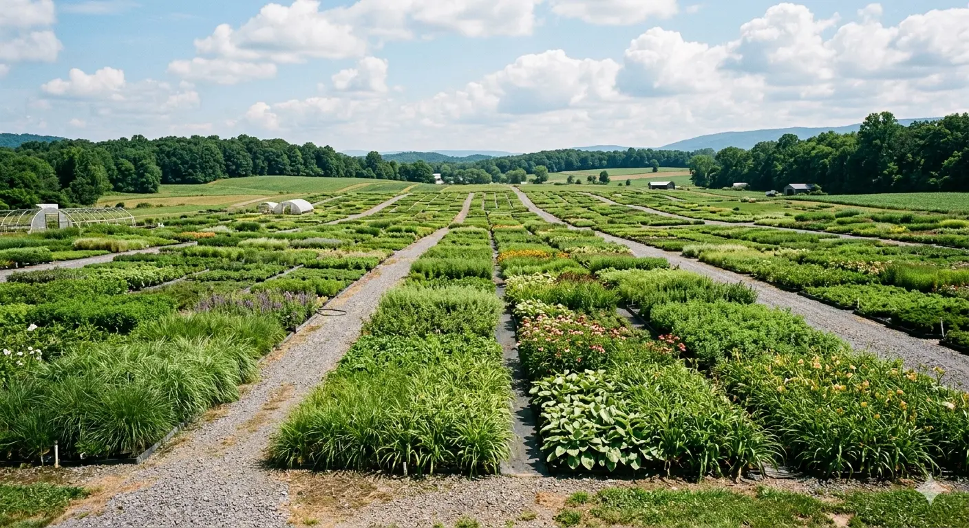 Vast rows of perennials at a large outdoor plant nursery in Virginia