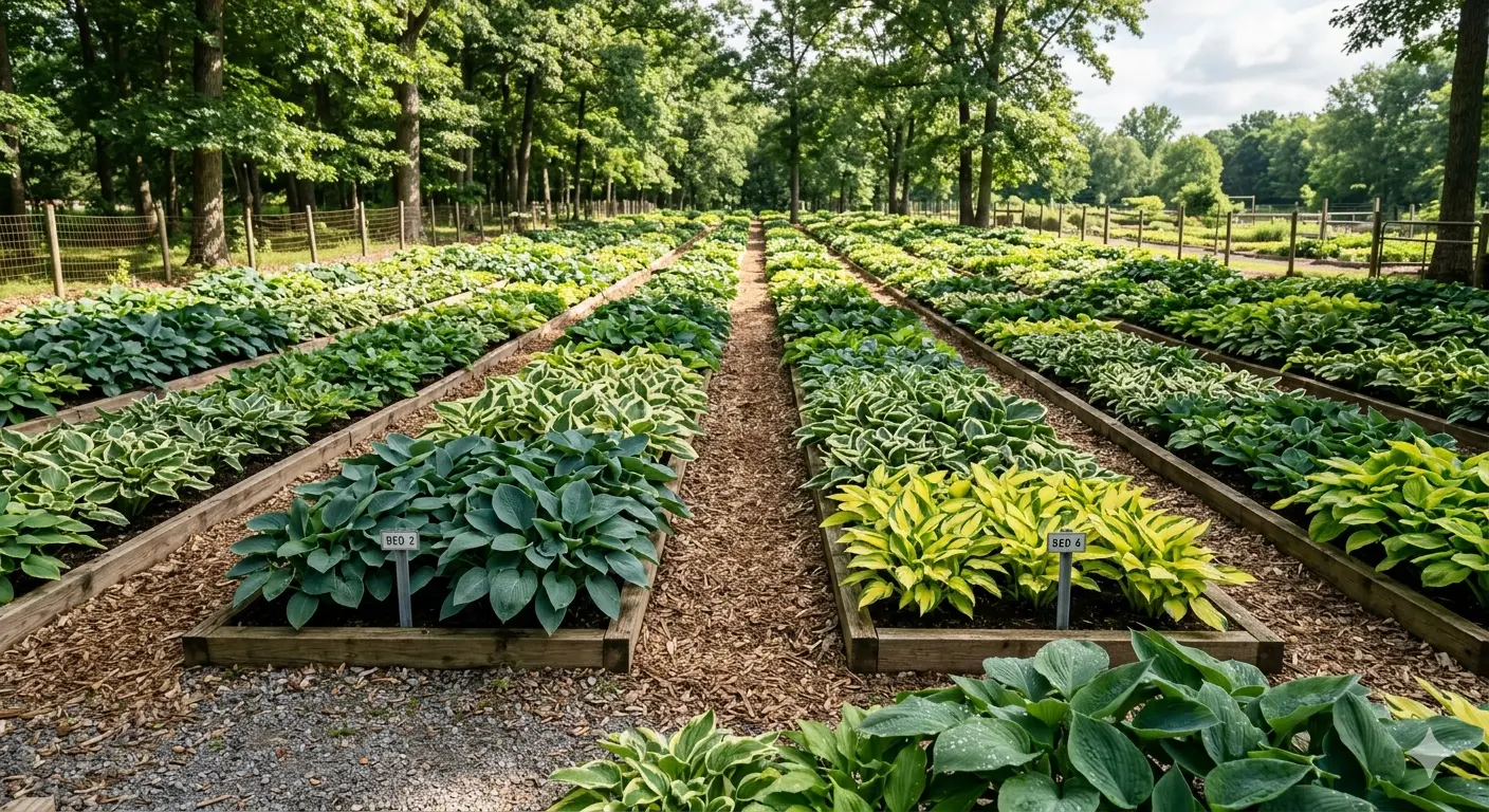 Long rows of hosta plants in nursery beds with green and variegated foliage