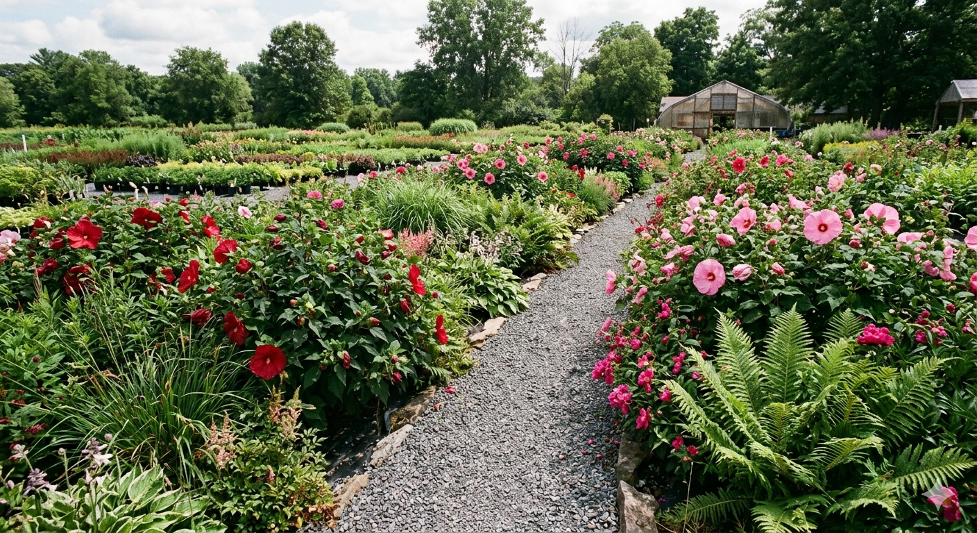 Wide field of perennials with hibiscus and ferns growing in nursery rows
