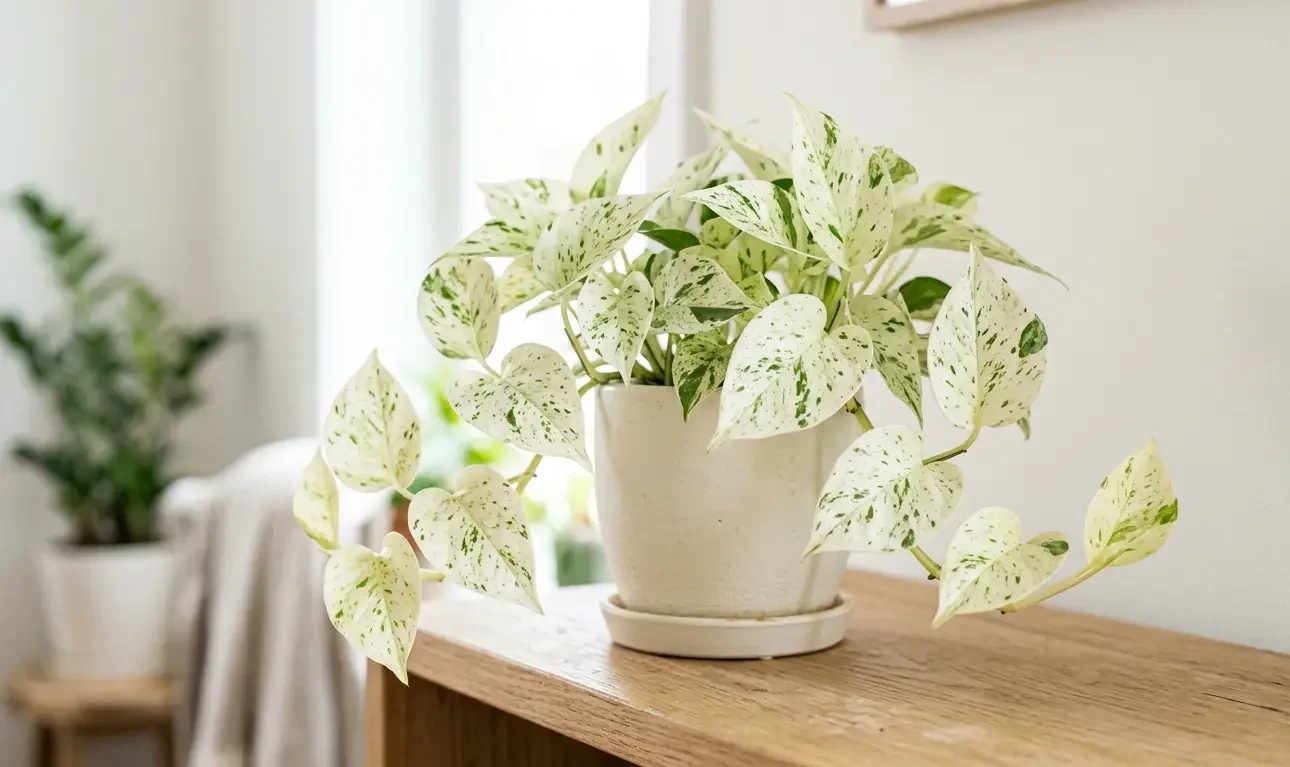 Snow Queen pothos with mostly white heart-shaped leaves