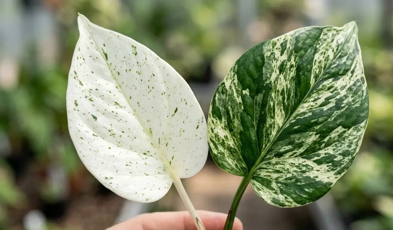 Close comparison of a Snow Queen leaf and a Marble Queen leaf