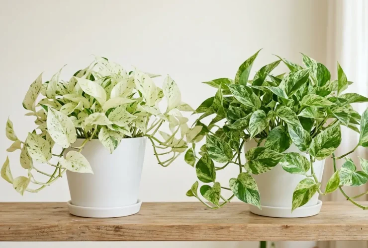 now Queen and Marble Queen pothos side by side showing variegation difference