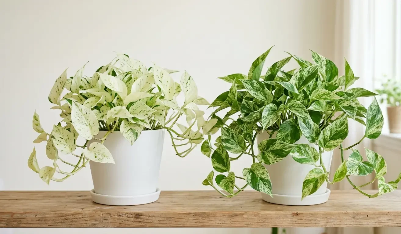 now Queen and Marble Queen pothos side by side showing variegation difference