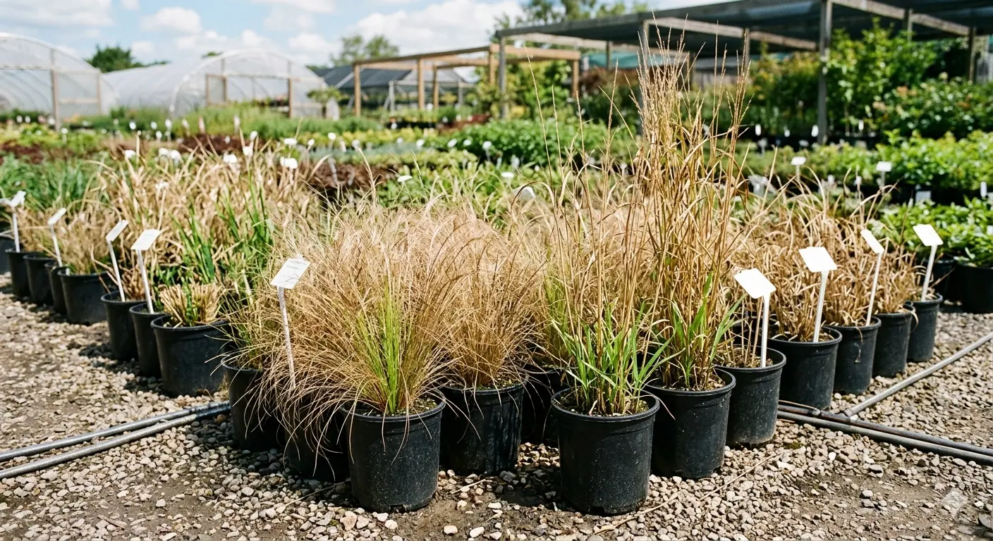 Ornamental grasses in nursery containers ready for landscape installation