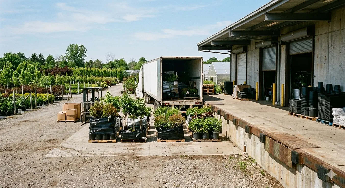 Loading dock area at a wholesale nursery with trucks being unloaded