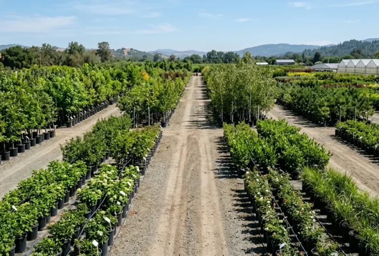 Wholesale plant nursery yard with rows of trees and shrubs